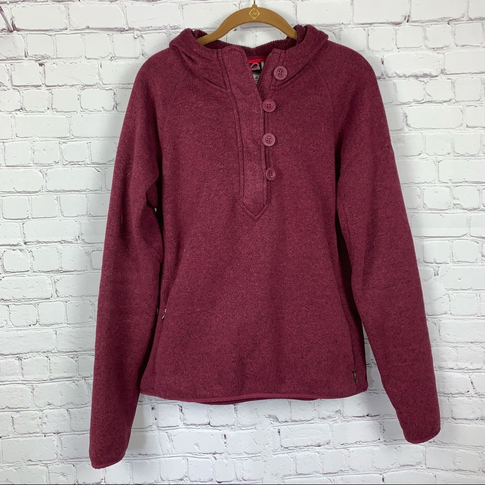 North Face Burgundy Fleece Lined Henley Style Hooded Pullover